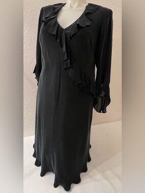 Ralph Lauren Silk Dress 18W Ruffle V-Neck Ruffle High-Low Bell Sleeves